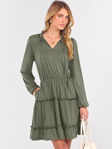 Caracilia Long Sleeve Dress for Women Fall 2025 Casual V Neck High Waist Tiered Ruffle Aline Swing Tunic Short Mini Dresses in Saudi Arabia