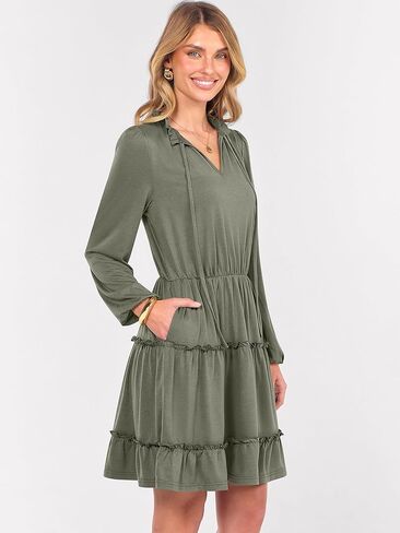 Caracilia Long Sleeve Dress for Women Fall 2025 Casual V Neck High Waist Tiered Ruffle Aline Swing Tunic Short Mini Dresses in Saudi Arabia