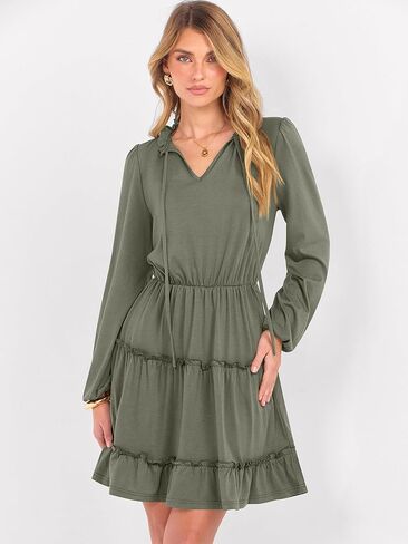 Caracilia Long Sleeve Dress for Women Fall 2025 Casual V Neck High Waist Tiered Ruffle Aline Swing Tunic Short Mini Dresses in Saudi Arabia