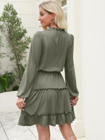 Caracilia Long Sleeve Dress for Women Fall 2025 Casual V Neck High Waist Tiered Ruffle Aline Swing Tunic Short Mini Dresses in Saudi Arabia