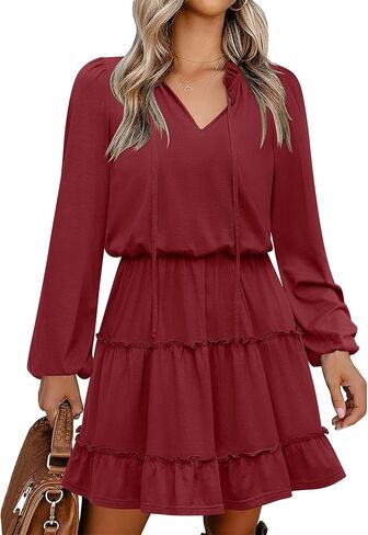 Caracilia Long Sleeve Dress for Women Fall 2025 Casual V Neck High Waist Tiered Ruffle Aline Swing Tunic Short Mini Dresses in Saudi Arabia