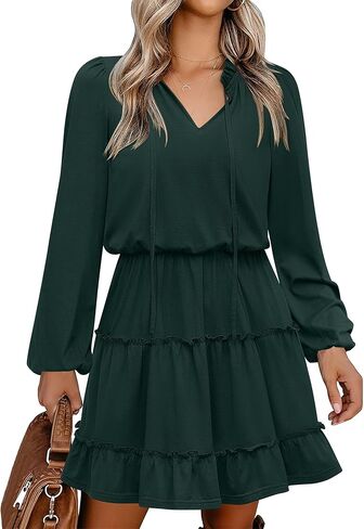 Caracilia Long Sleeve Dress for Women Fall 2025 Casual V Neck High Waist Tiered Ruffle Aline Swing Tunic Short Mini Dresses in Saudi Arabia