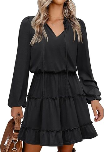 Caracilia Long Sleeve Dress for Women Fall 2025 Casual V Neck High Waist Tiered Ruffle Aline Swing Tunic Short Mini Dresses in Saudi Arabia
