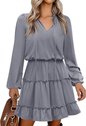 Caracilia Long Sleeve Dress for Women Fall 2025 Casual V Neck High Waist Tiered Ruffle Aline Swing Tunic Short Mini Dresses in Saudi Arabia