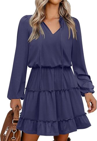 Caracilia Long Sleeve Dress for Women Fall 2025 Casual V Neck High Waist Tiered Ruffle Aline Swing Tunic Short Mini Dresses in Saudi Arabia