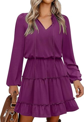Caracilia Long Sleeve Dress for Women Fall 2025 Casual V Neck High Waist Tiered Ruffle Aline Swing Tunic Short Mini Dresses in Saudi Arabia