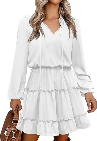 Caracilia Long Sleeve Dress for Women Fall 2025 Casual V Neck High Waist Tiered Ruffle Aline Swing Tunic Short Mini Dresses in Saudi Arabia