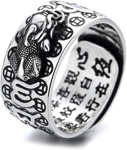 Feng Shui Amulet New Vintage Pixiu Pi Yao Silver Ring Protection Wealth Lucky Adjustable Ring Buddhist Mani Mantra Protection Wealth Ring Lucky Tibetan Talisman Ring W4710 in Saudi Arabia