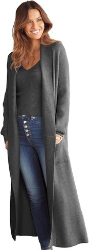 LASCANA Women's Long Knit Cardigan - Calf-Length, Open Front with Ribbed Shawl Collar in Saudi Arabia