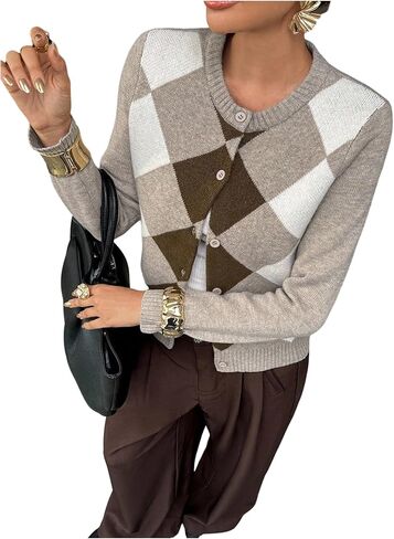 MakeMeChic Women's Argyle Plaid Cardigan Sweater Button Down Long Sleeve Vintage Outerwear in Saudi Arabia