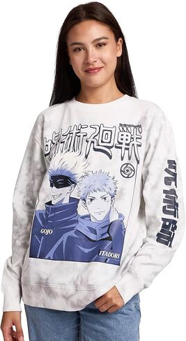 سترة Bioworld Jujutsu Kaisen Gojo & Itadori Kanji النسائية ذات اللون الأبيض السحابي ورقبة دائرية وأكمام طويلة من الصوف in Saudi Arabia