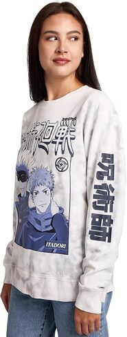 سترة Bioworld Jujutsu Kaisen Gojo & Itadori Kanji النسائية ذات اللون الأبيض السحابي ورقبة دائرية وأكمام طويلة من الصوف in Saudi Arabia