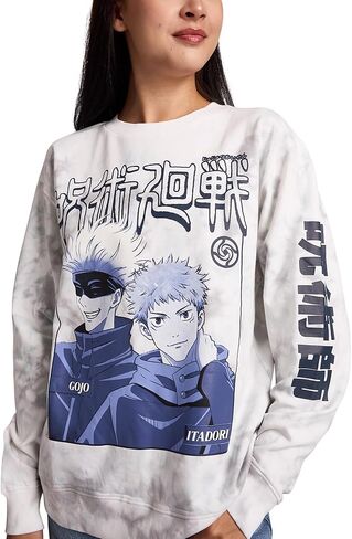 سترة Bioworld Jujutsu Kaisen Gojo & Itadori Kanji النسائية ذات اللون الأبيض السحابي ورقبة دائرية وأكمام طويلة من الصوف in Saudi Arabia