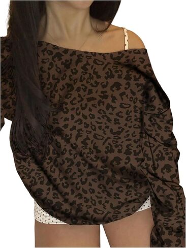 SOLY HUX Women's Leopard Off the Shoulder Sweatshirt Y2k Cheetah Print Long Sleeve Casual Pullover Tops in Saudi Arabia