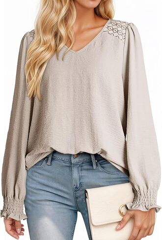 Dokotoo Womens Fall Fashion 2025 Business Casual V Neck Long Sleeve Lace Trim Tops with Smocked Cuffs Loose Blouses in Saudi Arabia