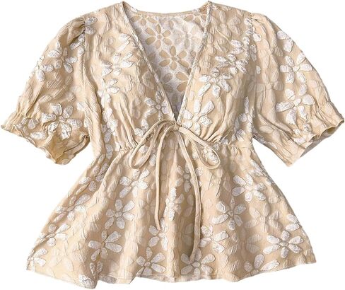 SOLY HUX Women's Short Sleeve V Neck Floral Blouse Tie Front Shirts Boho Peplum Tops in Kuwait