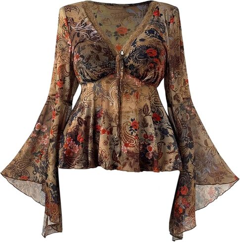 Women's Y2k Plus Size Hippie Vintage Top Boho Paisley Lace Trim Bell Sleeve Tops in Saudi Arabia