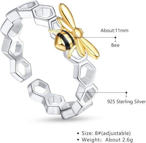 Palpitate Bumblebee Ring Bee Rings for Women 925 Sterling Silver Honeycomb Beehive Ring Adjustable Open Honey Bee Jewelry Gifts for Women in Saudi Arabia