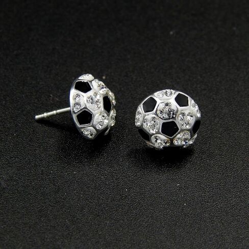 925 Sterling Silver Round Soccer Ball Stud Earrings (Nickel Free) (Soccer Ball 9mm Thick Dome Crystal) in Saudi Arabia