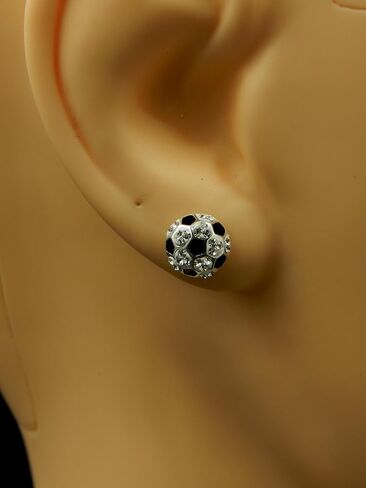 925 Sterling Silver Round Soccer Ball Stud Earrings (Nickel Free) (Soccer Ball 9mm Thick Dome Crystal) in Saudi Arabia