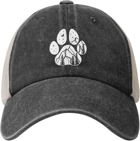 قبعة Dog Paw Mountain Trucker باللون الأسود - قبعة بيسبول مغسولة عتيقة قابلة للتعديل - جانب شبكي مسامي - للرجال والنساء in Saudi Arabia