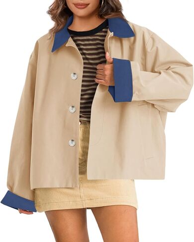 Tankaneo Womens Barn Jackets Lightweight Casual Oversized Contrast Collar Jacket Crop Trench Coat Outerwear 2025 Fall Fashion in Saudi Arabia