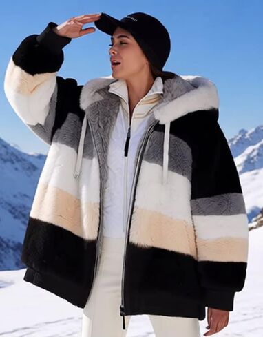 Fleece Jacket Women Hooded Color Block Patchwork Cardigan Warm Zip Up Long Sleeve Coat Winter Outwear with Pockets in Saudi Arabia