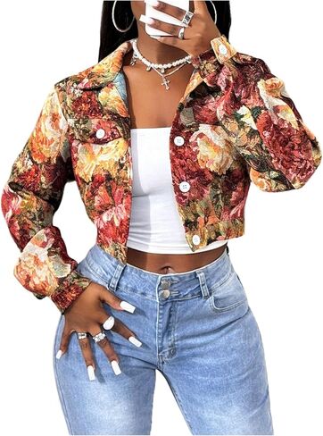 SweatyRocks Women's Cropped Bomber Floral Jacquard Jacket Long Sleeve Button Down Y2K Trendy Crop Varsity Jackets in Saudi Arabia