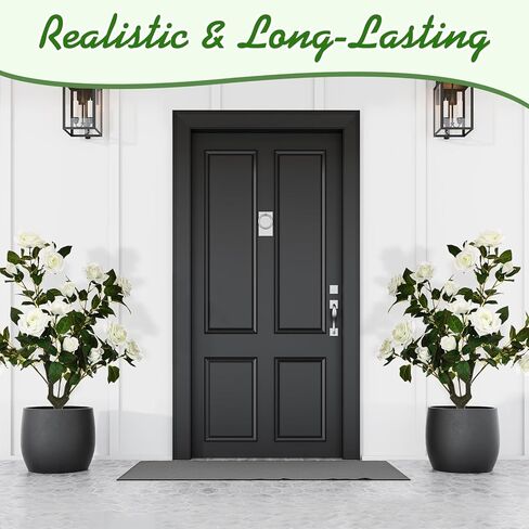 2 Pcs 32'' Artificial Rose Flower Tree Faux Rose Bush Outdoor Plants, Realistic UV Resistance Fake Floral Blooming Tree with Spike Greenery for Indoor Garden Patio Front Porch Decor(White) in Saudi Arabia