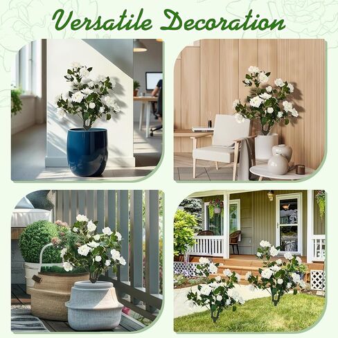 2 Pcs 32'' Artificial Rose Flower Tree Faux Rose Bush Outdoor Plants, Realistic UV Resistance Fake Floral Blooming Tree with Spike Greenery for Indoor Garden Patio Front Porch Decor(White) in Saudi Arabia