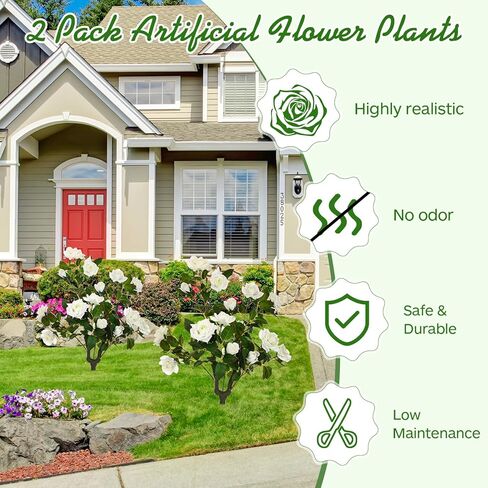 2 Pcs 32'' Artificial Rose Flower Tree Faux Rose Bush Outdoor Plants, Realistic UV Resistance Fake Floral Blooming Tree with Spike Greenery for Indoor Garden Patio Front Porch Decor(White) in Saudi Arabia