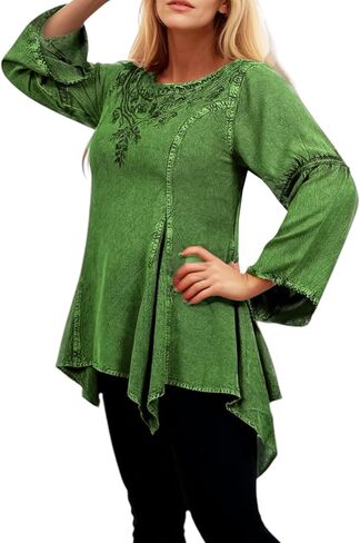 Agan Traders 2025 Winter Round Neck Long Sleeve Embroidered Tops - Uneven Hem Ruffle Medieval Gothic Women's Blouse Tunic Top in Saudi Arabia