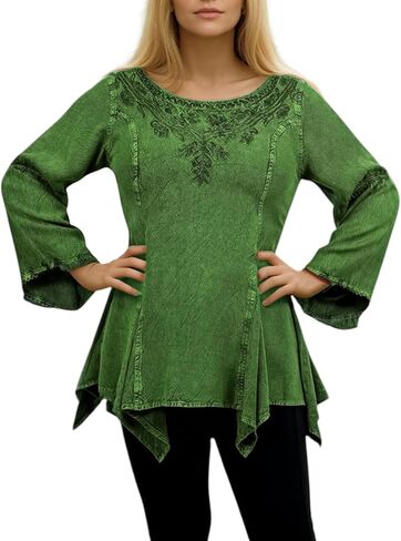 Agan Traders 2025 Winter Round Neck Long Sleeve Embroidered Tops - Uneven Hem Ruffle Medieval Gothic Women's Blouse Tunic Top in Saudi Arabia