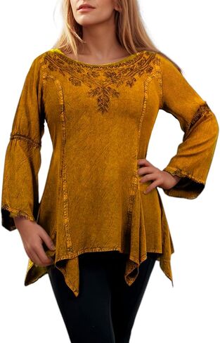 Agan Traders 2025 Winter Round Neck Long Sleeve Embroidered Tops - Uneven Hem Ruffle Medieval Gothic Women's Blouse Tunic Top in Saudi Arabia