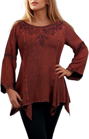 Agan Traders 2025 Winter Round Neck Long Sleeve Embroidered Tops - Uneven Hem Ruffle Medieval Gothic Women's Blouse Tunic Top in Saudi Arabia
