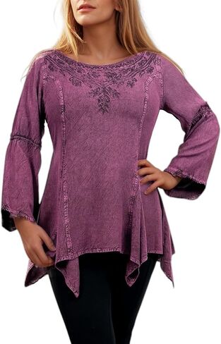 Agan Traders 2025 Winter Round Neck Long Sleeve Embroidered Tops - Uneven Hem Ruffle Medieval Gothic Women's Blouse Tunic Top in Saudi Arabia
