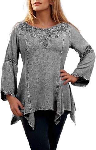 Agan Traders 2025 Winter Round Neck Long Sleeve Embroidered Tops - Uneven Hem Ruffle Medieval Gothic Women's Blouse Tunic Top in Saudi Arabia