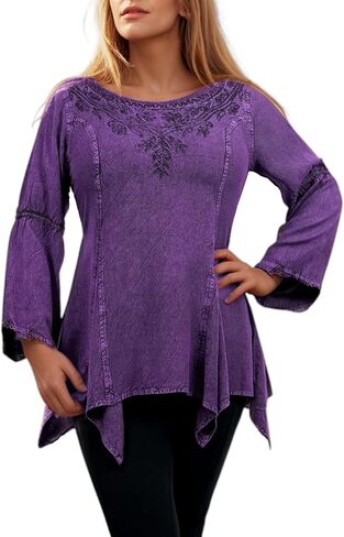 Agan Traders 2025 Winter Round Neck Long Sleeve Embroidered Tops - Uneven Hem Ruffle Medieval Gothic Women's Blouse Tunic Top in Saudi Arabia