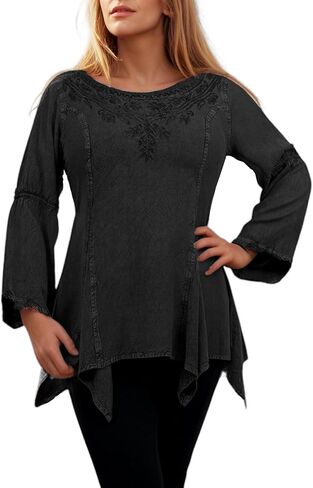 Agan Traders 2025 Winter Round Neck Long Sleeve Embroidered Tops - Uneven Hem Ruffle Medieval Gothic Women's Blouse Tunic Top in Saudi Arabia