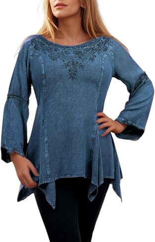Agan Traders 2025 Winter Round Neck Long Sleeve Embroidered Tops - Uneven Hem Ruffle Medieval Gothic Women's Blouse Tunic Top in Saudi Arabia
