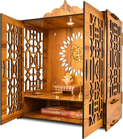 Temple Mandir for Home with Door | Wooden MDF, Assembly Required | Pooja Unit with Storage Space | LED Light and Wall Mounts | Pooja Mandir for Home 21.2x16.5x10.2 inch in Saudi Arabia