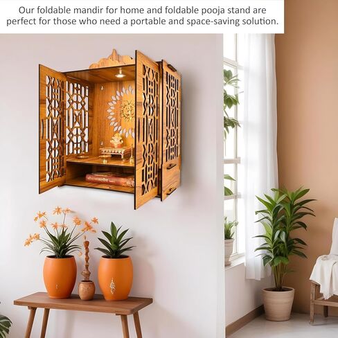 Temple Mandir for Home with Door | Wooden MDF, Assembly Required | Pooja Unit with Storage Space | LED Light and Wall Mounts | Pooja Mandir for Home 21.2x16.5x10.2 inch in Saudi Arabia