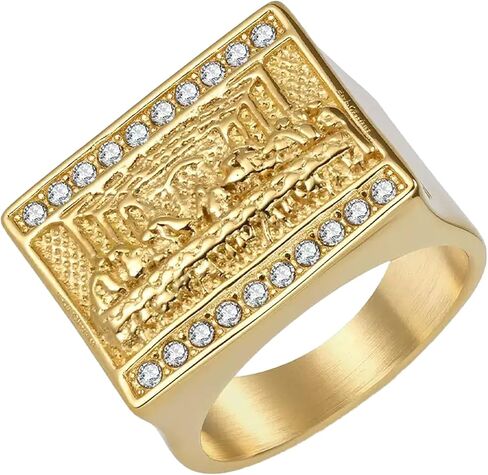 The Last Supper, 23g Heavy Titanium Steel Ring with 3D Relief Sculpture, Religious Art Men‘s Ring, 17mm Rectangular Statement Rings with Bezel-Set Cubic Zirconia in Saudi Arabia