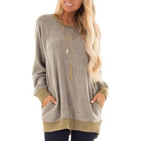 Long Sleeve T Shirts Round Neck Sweatshirts Color Block Tunic Loose-Fitting Blouses Cozy Top with Pockets in Saudi Arabia