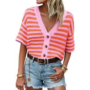 Saodimallsu Womens Short Sleeve Striped Cardigan Sweaters Crochet Knit Button Down Shirts V Neck Spring Summer Tops in Saudi Arabia