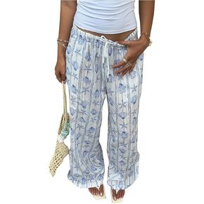 MakeMeChic Women's Pants Starfish Wide Leg Elastic Waist Tie Front Drawstring Boho Trousers in Kuwait
