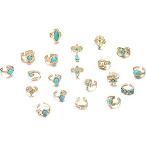 20Pcs Boho Turquoise Rings Set for Women Gold Silver Adjustable Vintage Bohemian Dainty Stacking Knuckle Rings Women's Retro Western Cowgirl Statement Jewelry in Saudi Arabia