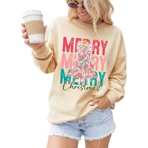 Women’s Christmas Sweatshirt Bow Merry Xmas Tree Crewneck Pullover Long Sleeve Sweater Oversized Tops Holiday Shirts in Kuwait