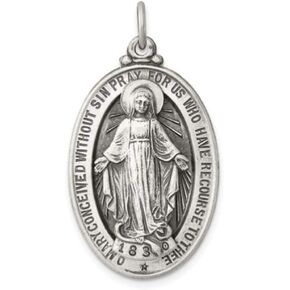 925 Sterling Silver Polished Antiqued-Finish Raised Figure Miraculous Virgin Mary Double Sided Oval Pendant Medals in Saudi Arabia