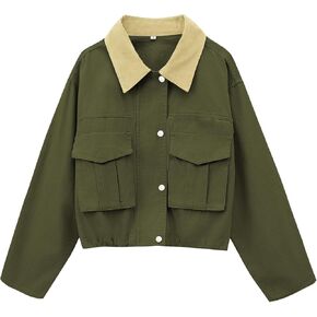 سترة نسائية WOWULOVELY مقصوصة بياقة متباينة معطف متعدد الاستخدامات بأزرار سفلية خفيفة الوزن سترة شحن خارجية مع جيوب in Kuwait